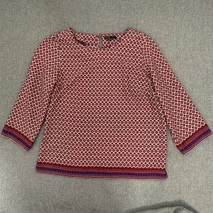 Dalia Women's‎ Blouse Medium Red Blue Cream Wide 3/4th Sleeves Round Neckline